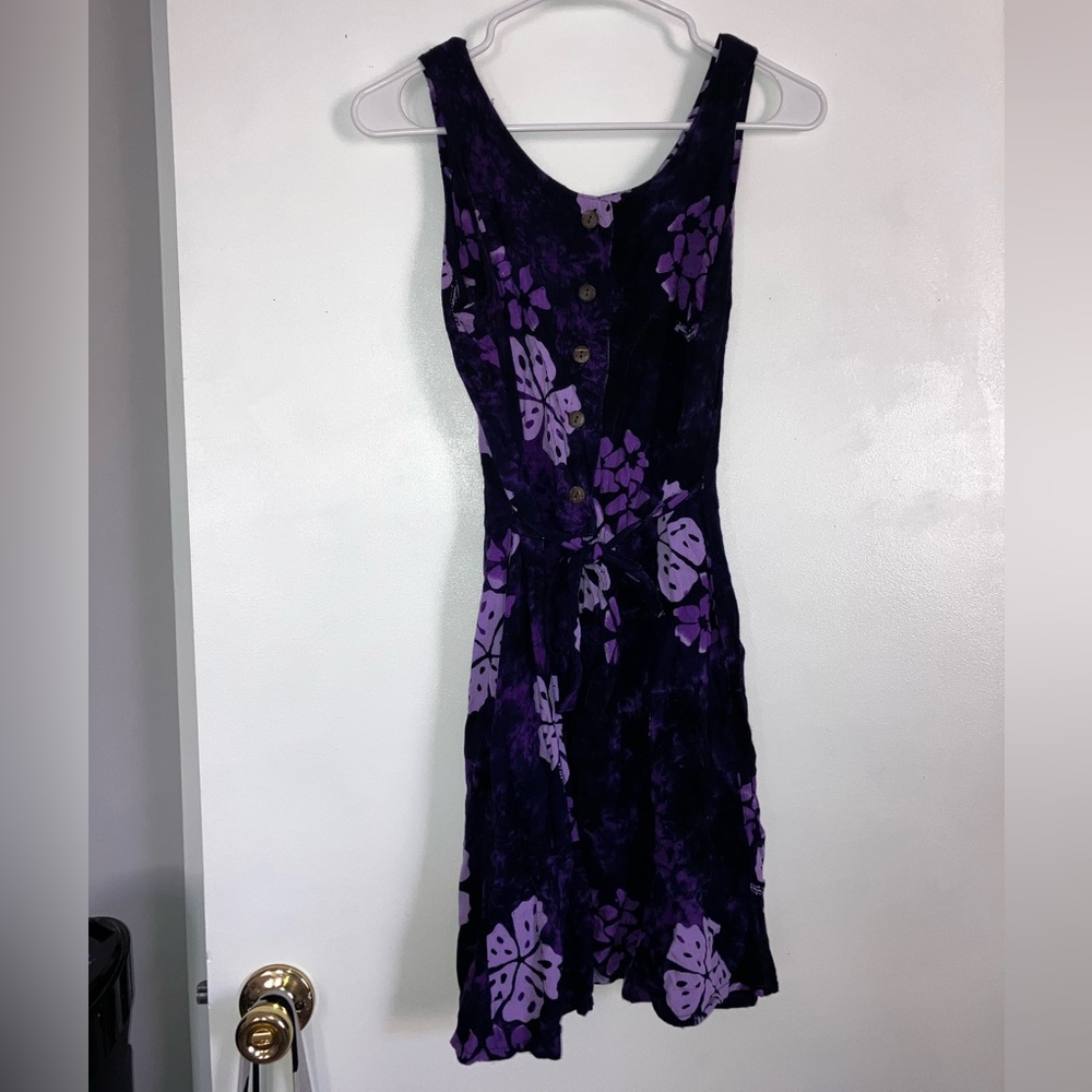 Purple hawaiian mini button up dress with pockets and tie waist